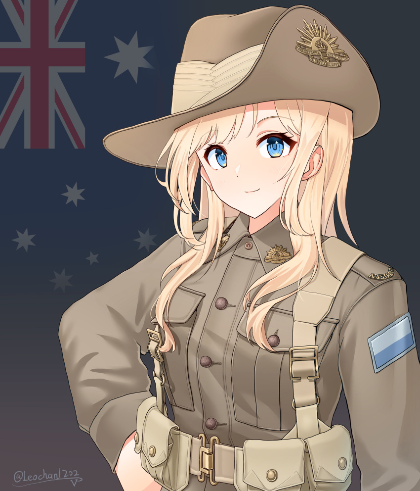 1girl, absurdres, ammunition_pouch, artist_name, australia, australian_army, australian_flag, belt