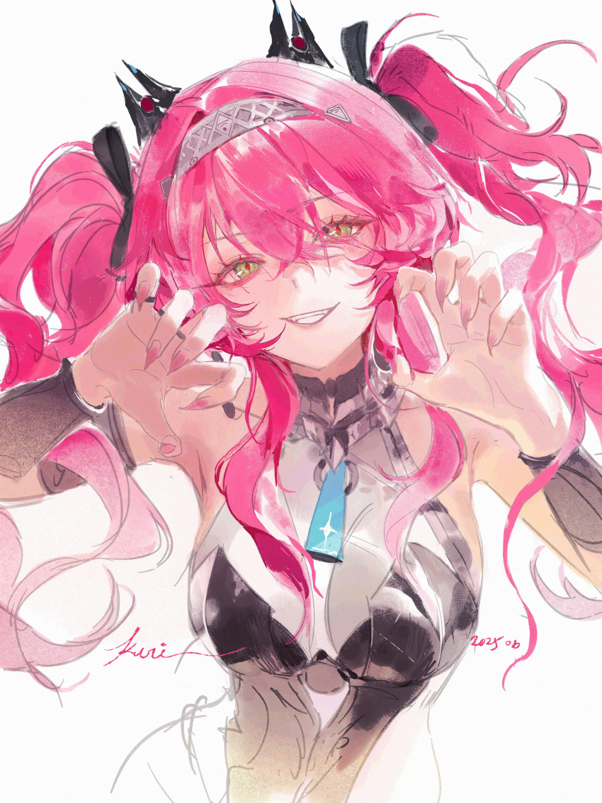 1girl, absurdres, armor, bodysuit, breastplate, breasts, claw_pose, collar