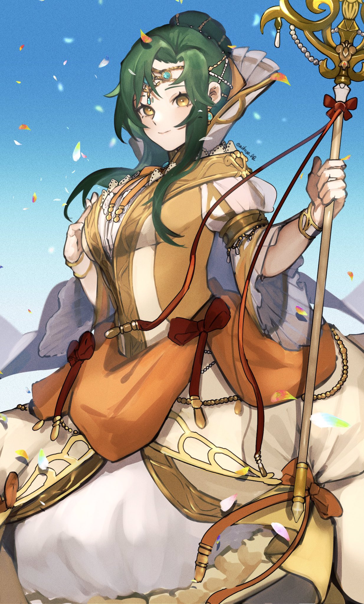 1girl, blue_sky, breasts, circlet, closed_mouth, commentary_request, elincia_ridell_crimea, elincia_ridell_crimea_(devoted_queen)