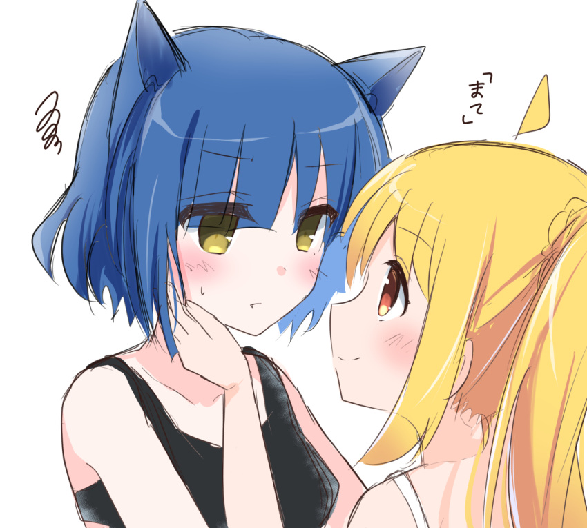 2girls, ahoge, animal_ears, black_tank_top, blonde_hair, blue_hair, blush, bocchi_the_rock!