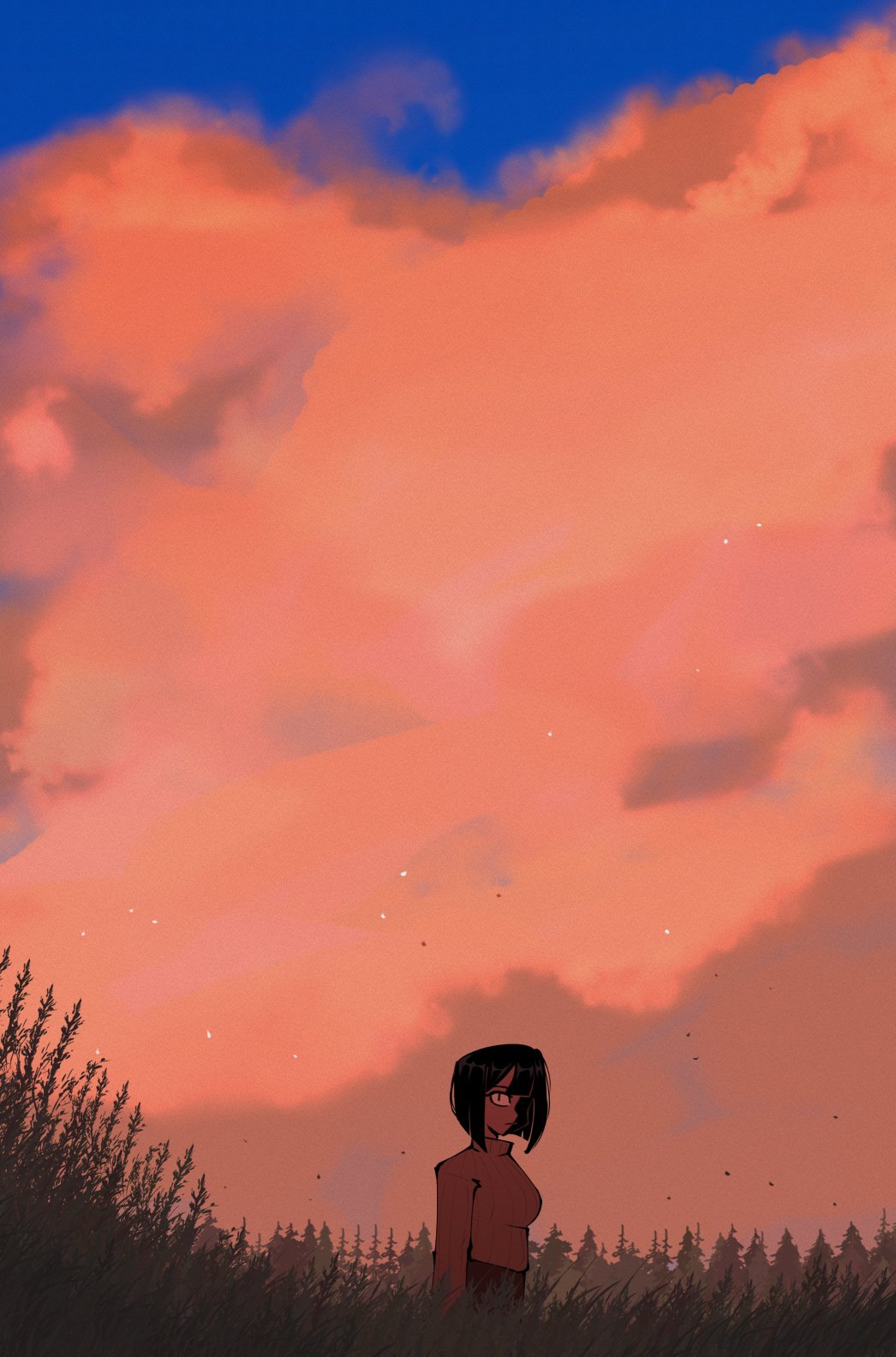 1girl, black_hair, blue_sky, breasts, clinickcase, clouds, commentary, grass