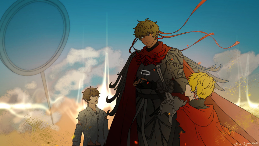 1264276395, absurdres, armlet, armor, black_shirt, blonde_hair, bracelet, cape, earrings, gloves, highres, jewelry, looking_at_another, looking_down, looking_up, red_cape, sheath, sheathed, shirt, shoulder_armor, signature, sky, sword, torn_cape, torn_clothes, torn_shirt, tower_of_god, twenty-fifth_bam, weapon, yellow_eyes, zahard, zahard_(data)