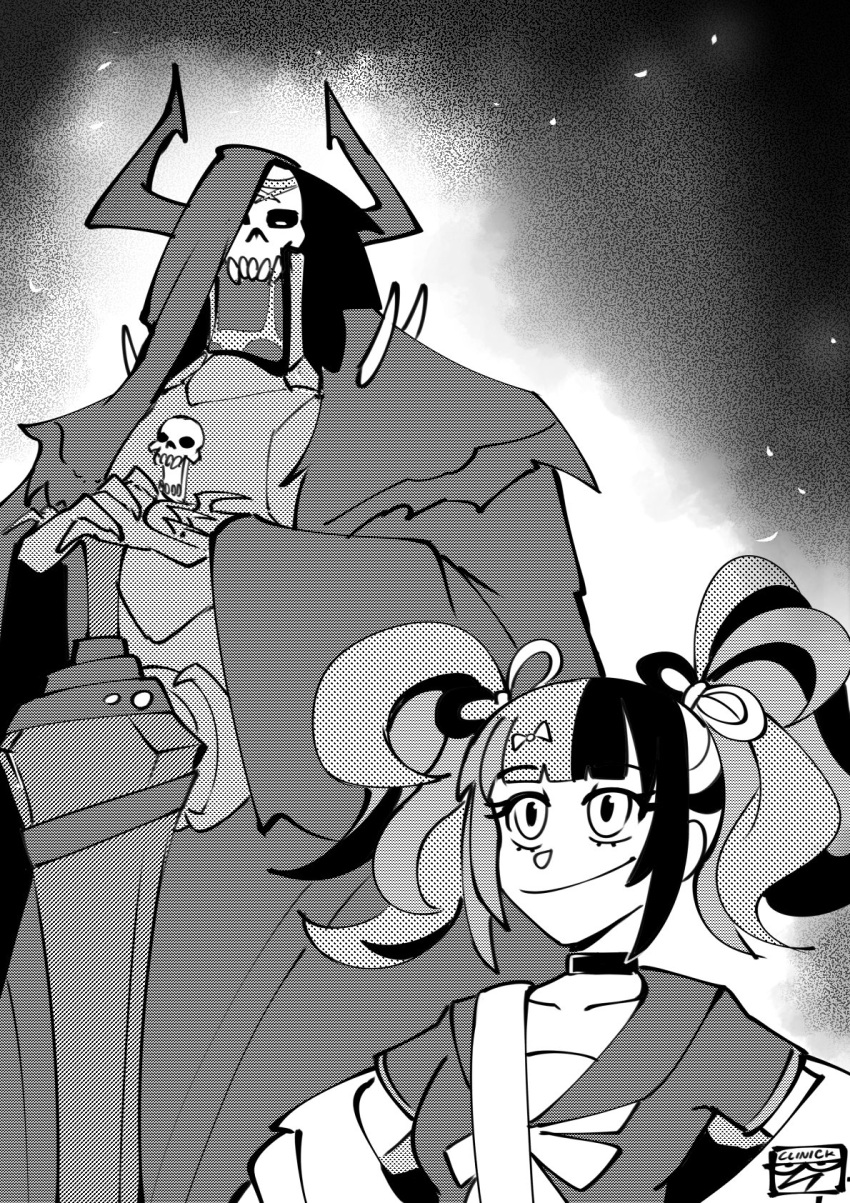 1boy, 1girl, armor, bow, choker, clinickcase, cloak, commentary