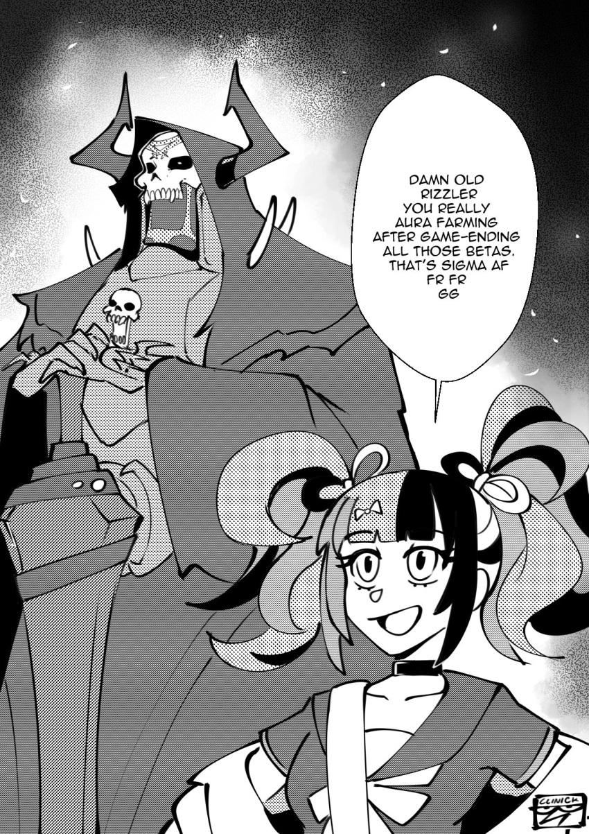1boy, 1girl, armor, bow, choker, clinickcase, cloak, commentary