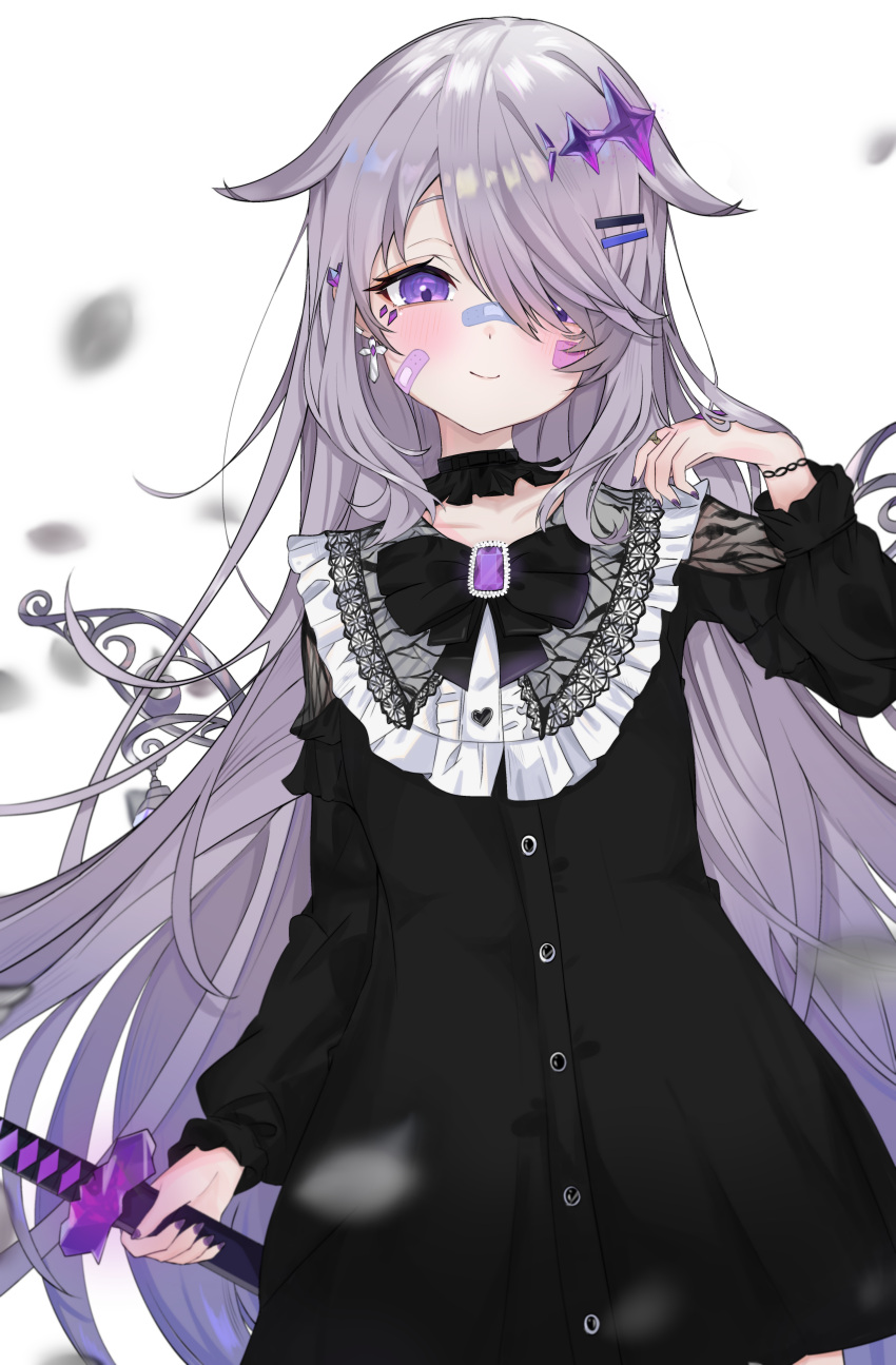 1girl, absurdres, bandaid, bandaid_on_cheek, bandaid_on_face, bandaid_on_nose, black_bow, black_dress