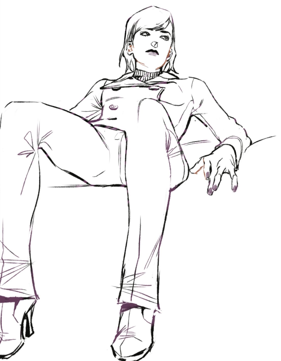 1girl, buttons, coat, high_heels, highres, jacket, lipstick, looking_up