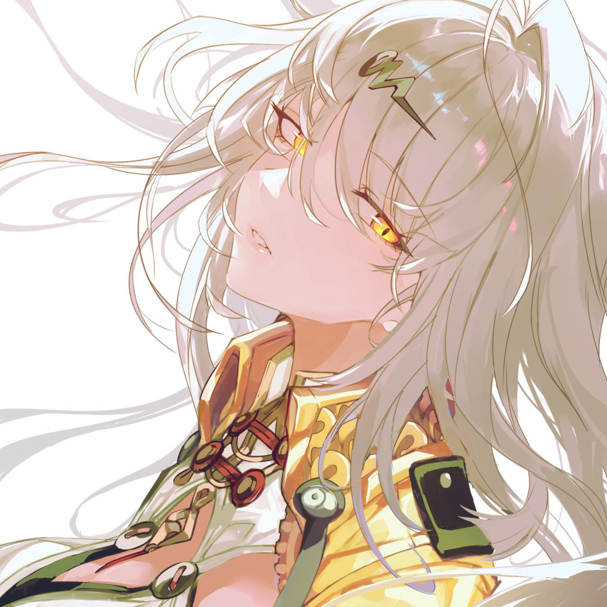 1girl, collared_vest, hair_ornament, highres, long_hair, sas_(ls08b), simple_background, single_hair_intake