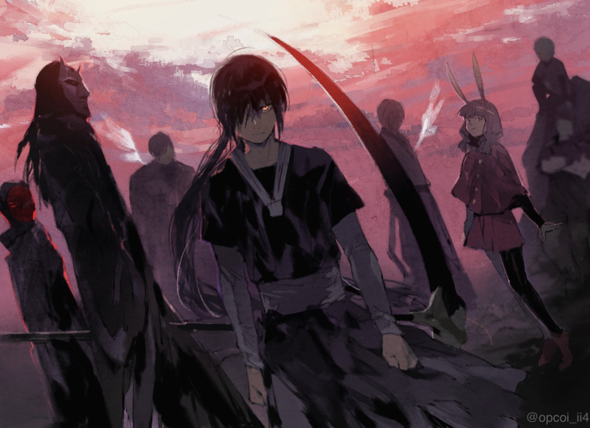 2girls, 5boys, animal_ears, beniamino_cassano, black_cape, black_shirt, black_thighhighs, brown_hair, cape, capelet, clenched_hands, crossed_arms, fake_horns, hair_between_eyes, hair_over_one_eye, highres, horns, jyu_viole_grace, kang_horyang, khun_ran, korean_clothes, long_hair, long_sleeves, looking_to_the_side, mask, multiple_boys, multiple_girls, novick, opcoi, original, pants, pink_shoes, ponytail, rabbit_ears, rabbit_girl, red_capelet, reflejo, scythe, shirt, shoes, short_hair, skirt, smile, thigh-highs, tower_of_god, wings, xia_xia_(tower_of_god), yellow_eyes, yuto_(tower_of_god)