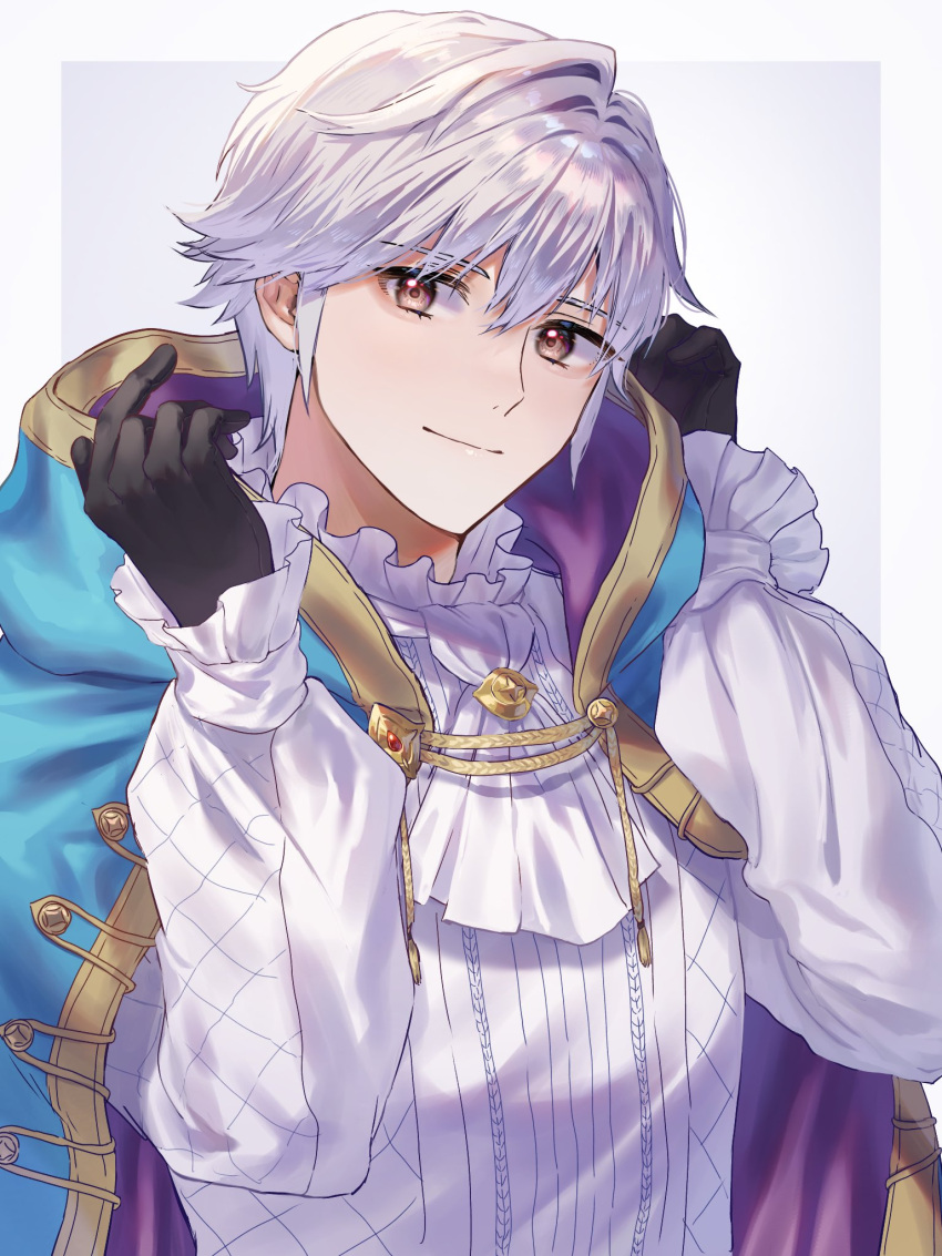 1boy, ascot, black_gloves, blue_cape, brown_eyes, cape, closed_mouth, fire_emblem, fire_emblem_awakening, fire_emblem_heroes, frilled_shirt, frills, gloves, hands_up, highres, long_sleeves, looking_to_the_side, male_focus, male_robin_(exalt's_deliverer)_(fire_emblem), male_robin_(fire_emblem), official_alternate_costume, purple_cape, shirt, short_hair, smile, tomo_shirasu, upper_body, white_ascot, white_hair, white_shirt