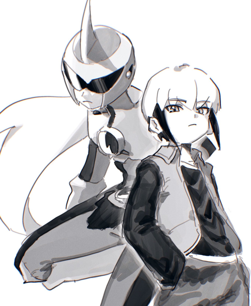 2boys, armor, bodysuit, cowboy_shot, eugene_chaud_(mega_man), greyscale, hand_in_pocket, helmet, highres, long_hair, male_focus, mega_man_(series), mega_man_battle_network_(series), monochrome, multiple_boys, netnavi, noro_zt, protoman.exe, shirt, short_hair, simple_background, vest, white_background