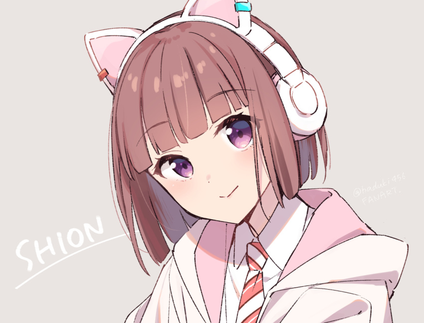 1girl, animal_ear_headphones, animal_ears, blunt_bangs, blunt_ends, blush, bob_cut, brown_hair