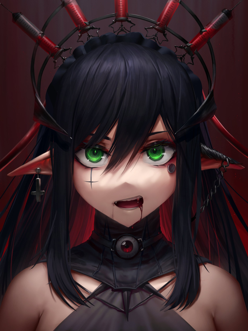 1girl, absurdres, armpit_crease, bare_shoulders, black_collar, black_dress, black_hair, black_headdress