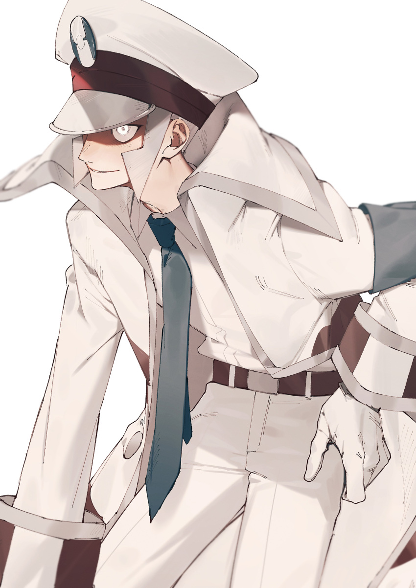 1boy, absurdres, belt, belt_buckle, black_belt, blue_necktie, buckle, ccf2q, closed_mouth, coat, collared_coat, collared_shirt, emmet_(pokemon), feet_out_of_frame, gloves, grey_hair, hand_on_own_hip, hat, highres, long_sleeves, looking_up, male_focus, necktie, open_clothes, open_coat, pants, peaked_cap, pokemon, pokemon_bw, sanpaku, shirt, shirt_tucked_in, short_hair, sideburns, simple_background, sleeve_cuffs, smile, solo, white_background, white_coat, white_eyes, white_gloves, white_hat, white_pants, white_shirt, white_theme, wing_collar
