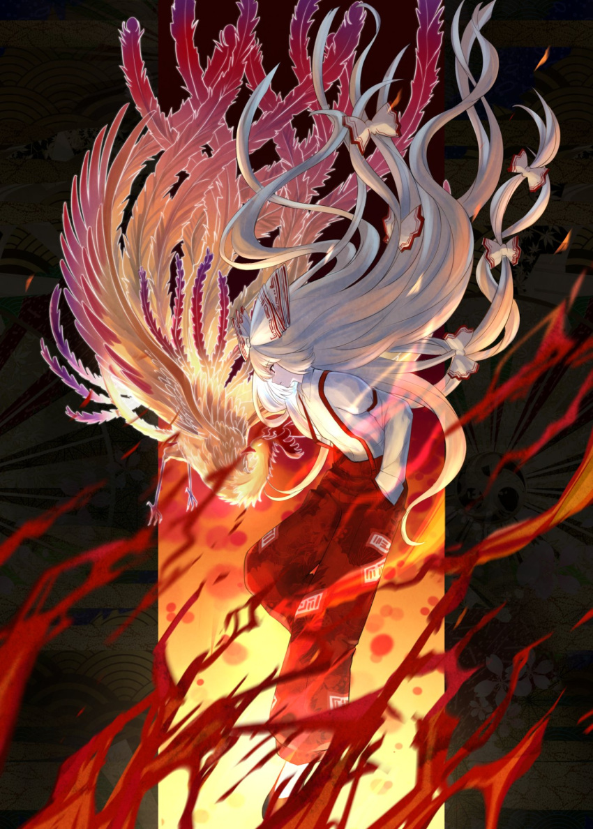 1girl, bird, bow, collared_shirt, commentary, fire, fujiwara_no_mokou, grey_hair