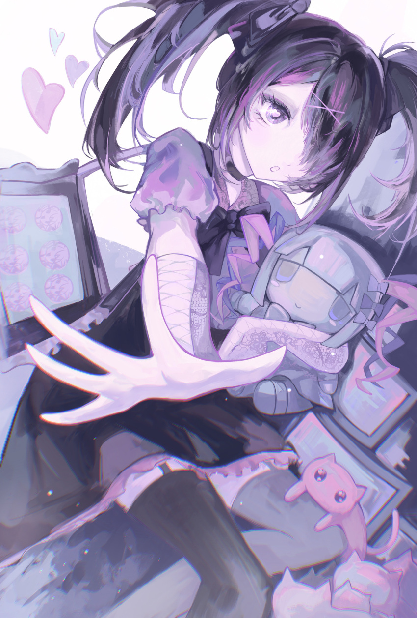 1girl, absurdres, ame-chan_(needy_girl_overdose), black_bow, black_bowtie, black_dress, black_hair, black_thighhighs
