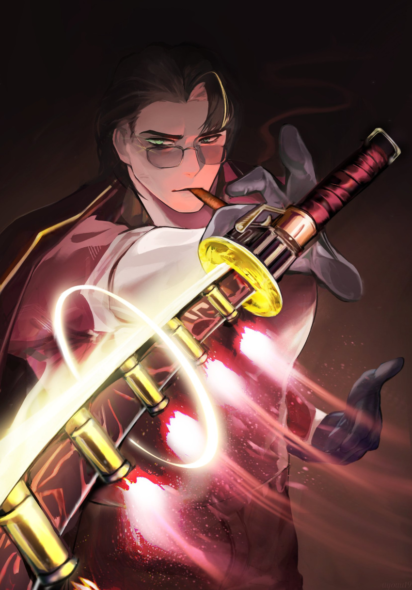 1boy, black_cape, black_gloves, black_hair, cape, cigar, commentary, fire, glasses, gloves, glowing, glowing_eye, green_eyes, gunblade, highres, limbus_company, male_focus, mang_(project_moon), meursault_(project_moon), mouth_hold, multicolored_hair, pink_fire, project_moon, reaching, solo, streaked_hair, sword, thumb_(identity)_(project_moon), uyouu19, weapon