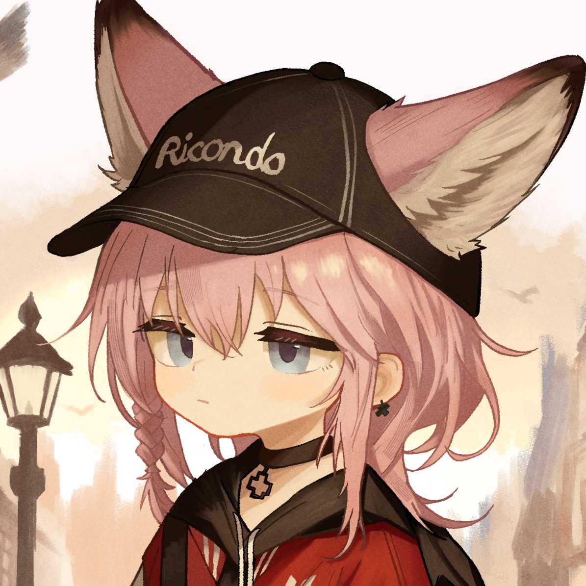 1girl, animal_ears, arknights, black_choker, black_hat, blue_eyes, choker, closed_mouth, delfino, earrings, ears_through_headwear, extra_ears, fox_ears, fox_girl, hat, jewelry, looking_at_viewer, medium_hair, official_alternate_costume, peaked_cap, purple_hair, solo, sussurro_(arknights), sussurro_(travel_freely)_(arknights), upper_body
