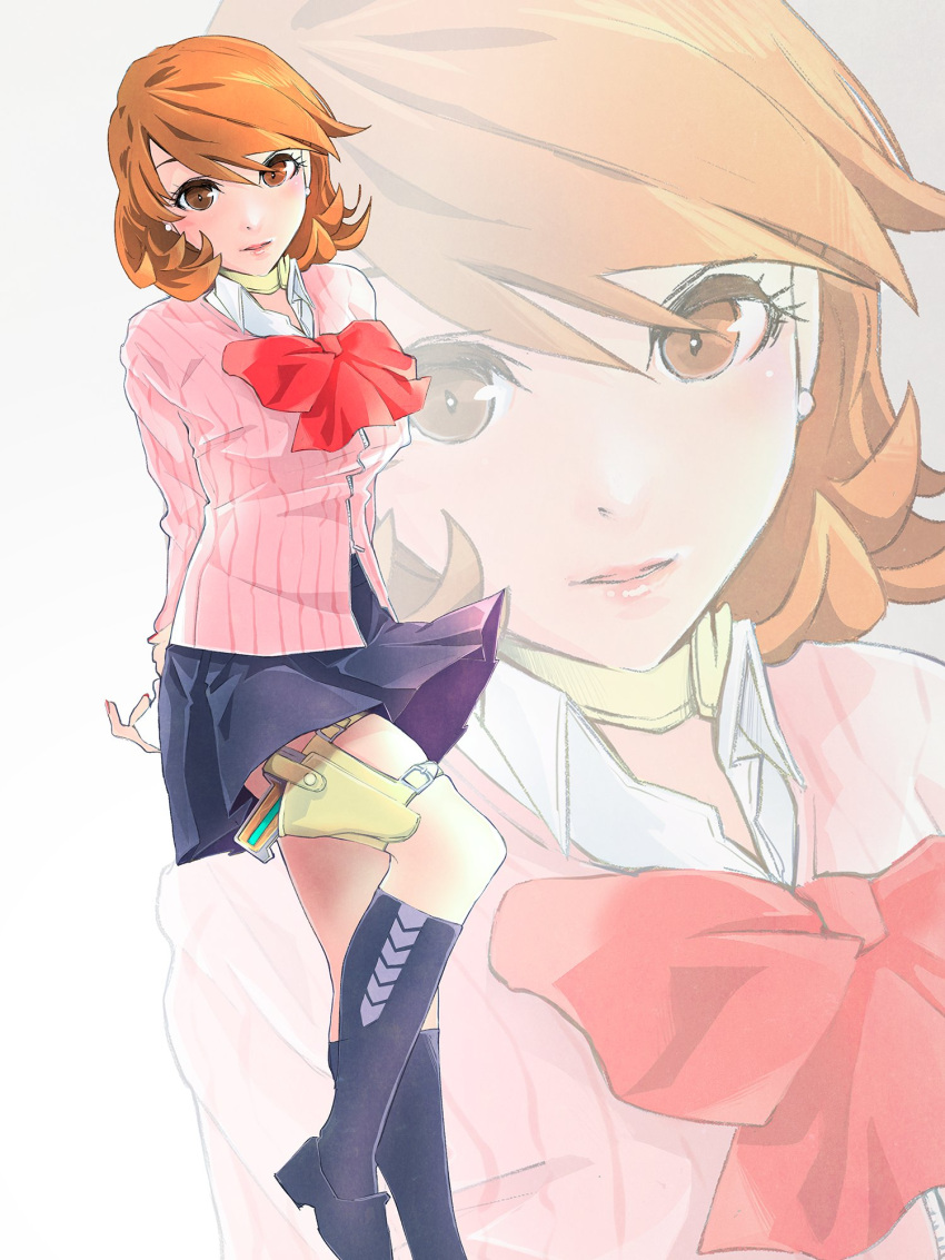 1girl, arms_behind_back, black_shoes, black_skirt, black_socks, blush, bow, bowtie, brown_eyes, brown_hair, cardigan, choker, collared_shirt, commentary_request, earrings, evoker, flipped_hair, foot_out_of_frame, gekkoukan_high_school_uniform, hair_between_eyes, heart, heart_choker, highres, holster, jewelry, kneehighs, lips, long_sleeves, looking_at_viewer, loose_bowtie, medium_hair, miniskirt, parted_lips, pearl_earrings, persona, persona_3, pink_cardigan, pleated_skirt, red_bow, red_bowtie, ribbed_cardigan, school_uniform, shirt, shoes, skirt, socks, solo, standing, standing_on_one_leg, stud_earrings, tahara_anko, takeba_yukari, thigh_holster, white_shirt