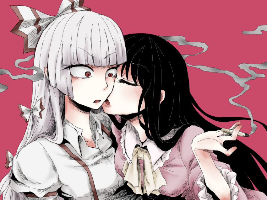 2girls, blunt_bangs, bow, cigarette, closed_eyes, commentary_request, dress, fujiwara_no_mokou, hair_bow, highres, houraisan_kaguya, long_hair, multiple_girls, open_mouth, pink_dress, red_background, red_eyes, shirt, simple_background, smoking, suspenders, tonfa_(sisio), touhou, v-shaped_eyebrows, white_hair, white_shirt, yuri