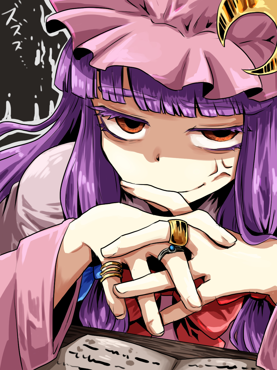 1girl, anger_vein, black_background, blunt_bangs, closed_mouth, crescent, crescent_hat_ornament, hat