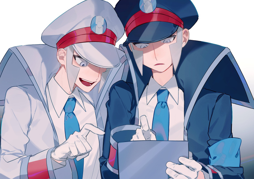 2boys, :<, absurdres, black_coat, black_hat, blue_necktie, brothers, ccf2q