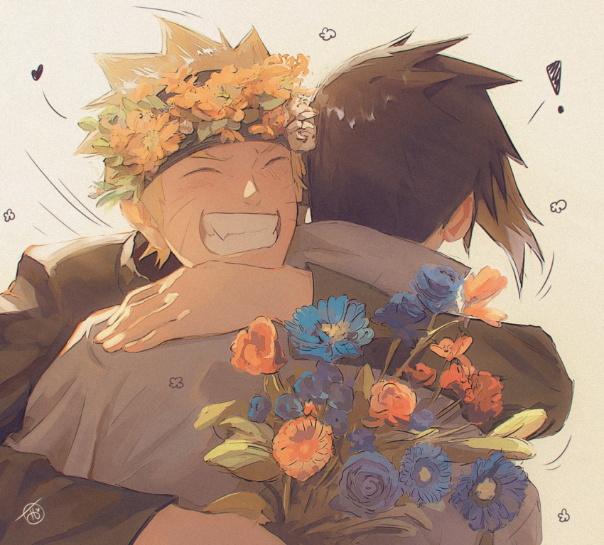 !, 2boys, black_hair, blonde_hair, bouquet, closed_eyes, facial_mark, fangs