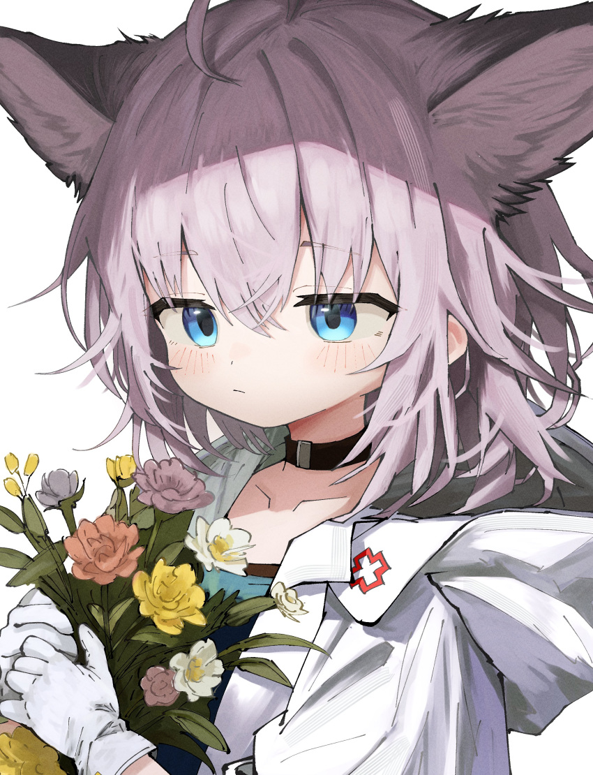 1girl, absurdres, ahoge, animal_ears, arknights, blue_eyes, bouquet, closed_mouth
