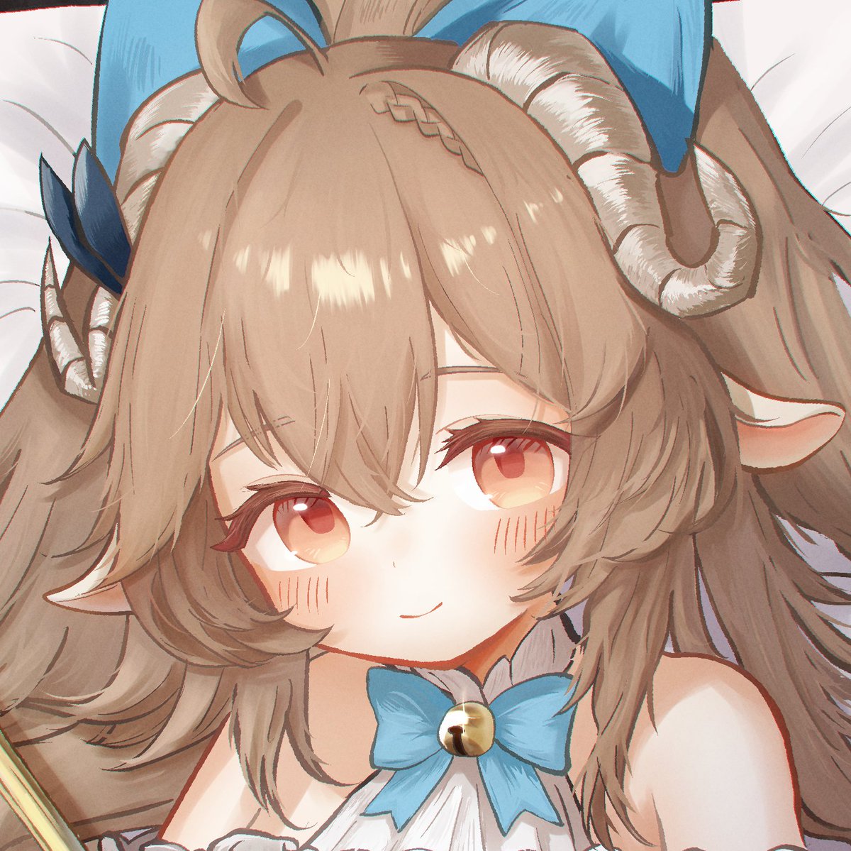 1girl, animal_ears, arknights, bell, blue_bow, blue_bowtie, bow, bowtie, brown_hair, closed_mouth, cropped, delfino, eyjafjalla_(arknights), eyjafjalla_the_hvit_aska_(a_picnic_before_a_long_trip)_(arknights), eyjafjalla_the_hvit_aska_(arknights), horns, jingle_bell, long_hair, neck_bell, official_alternate_costume, red_eyes, sheep_ears, sheep_girl, sheep_horns, smile, solo