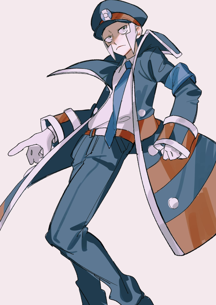 1boy, belt, belt_buckle, black_coat, black_hat, black_pants, blue_necktie, brown_belt