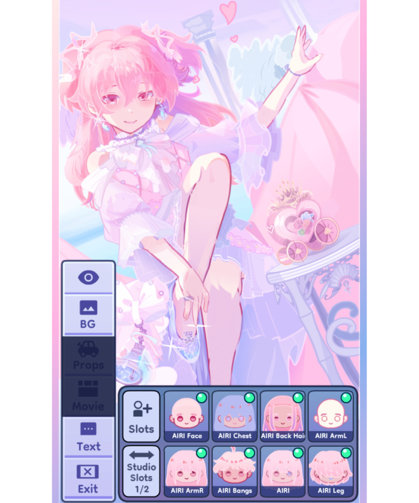 1girl, absurdres, art_program_in_frame, bare_legs, bare_shoulders, blue_shoes, bow, bowtie, bracelet, closed_mouth, clothing_cutout, commentary, dot_nose, dress, earrings, english_commentary, foot_out_of_frame, frilled_sleeves, frills, gacha_life_(medium), glass_slipper, hair_between_eyes, hair_ribbon, happy, highres, jewelry, leg_up, light_blush, lips, long_dress, long_hair, long_sleeves, momoi_airi, ocean, pillar, pink_dress, pink_eyes, pink_hair, pink_lips, pink_ribbon, project_sekai, ribbon, ring, ritoru_demon, shoes, shoulder_cutout, sitting, smile, solo, sparkle, tsurime, two-tone_dress, two_side_up, white_bow, white_bowtie, white_dress