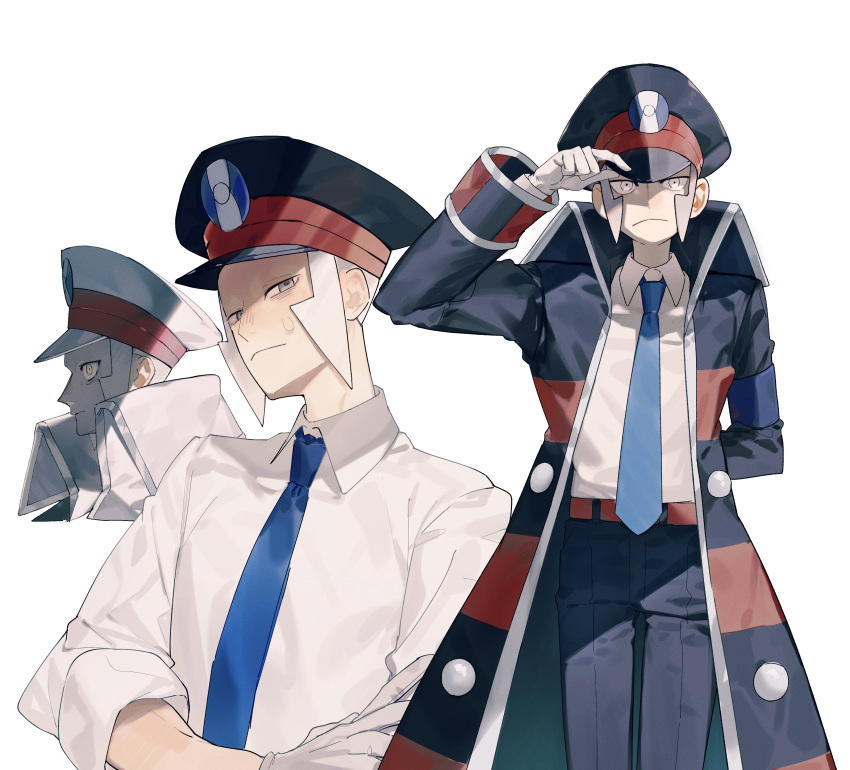 2boys, absurdres, adjusting_clothes, adjusting_headwear, arm_up, belt, belt_buckle, black_coat