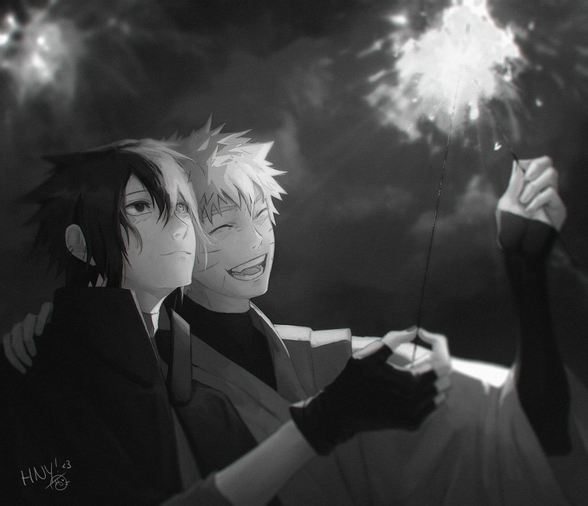2boys, black_hair, closed_eyes, ear_piercing, facial_mark, fangs, fingerless_gloves, gloves