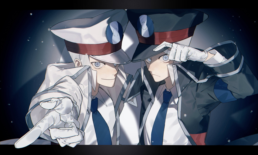 2boys, absurdres, adjusting_clothes, adjusting_headwear, arm_up, black_coat, black_hat, black_necktie