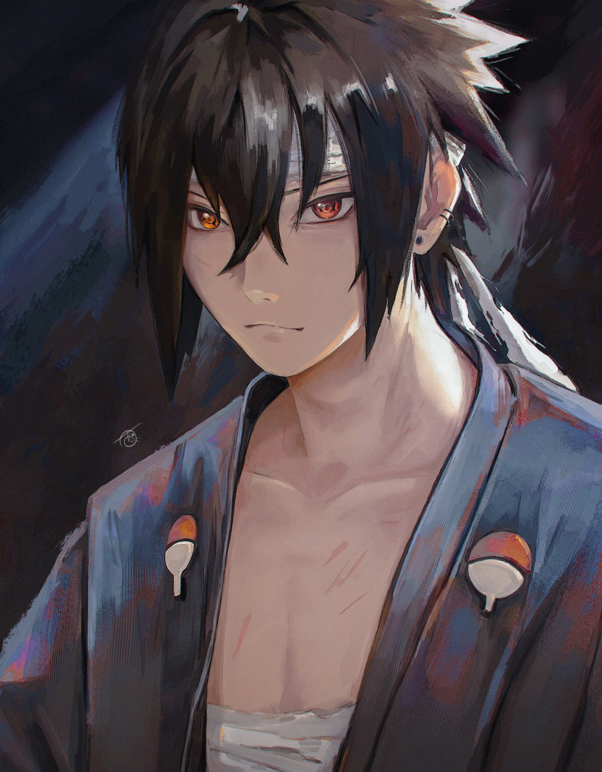 1boy, bandaged_head, bandaged_stomach, bandages, black_hair, closed_mouth, ear_piercing, earrings, highres, japanese_clothes, jewelry, looking_at_viewer, male_focus, naruto_(series), open_clothes, piercing, red_eyes, scar, scar_on_chest, sharingan, short_hair, signature, solo, tamelee, uchiha_sasuke, uchiha_symbol, upper_body