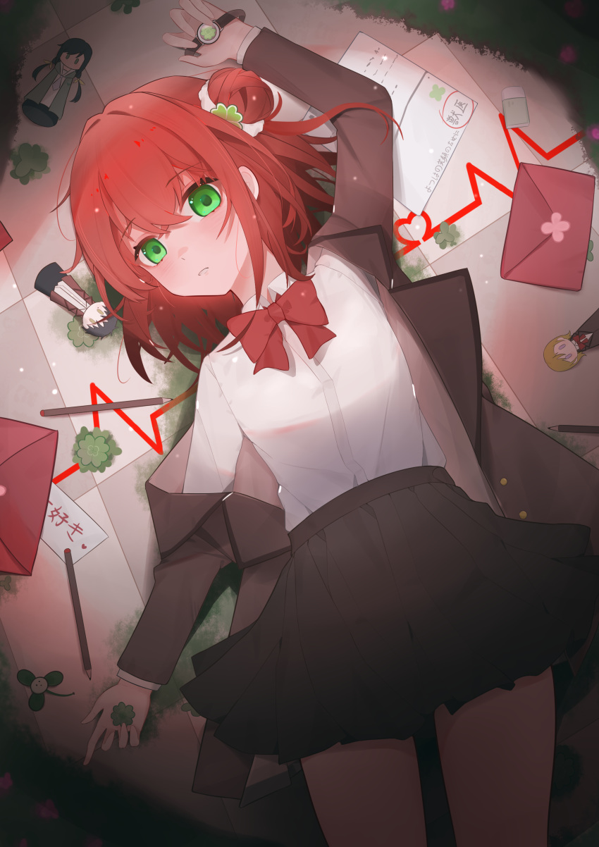 1girl, absurdres, artist_request, blazer, character_doll, clover, doll, eraser, four-leaf_clover, four-leaf_clover_ornament, green_eyes, highres, jacket, kimi_wa_yotsuba_no_clover, letter, lying, on_back, paper, pencil, pleated_skirt, red_hair, school_uniform, skirt, solo, watch, watch, yotsuha_(kimi_wa_yotsuba_no_clover)