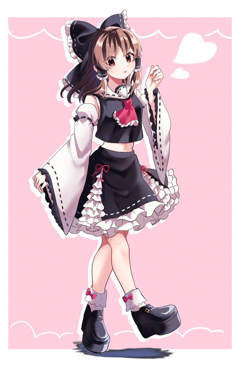 1girl, absurdres, alternate_color, ascot, black_bow, black_shoes, black_skirt, bow, brown_hair, chocoeiru, commentary_request, detached_sleeves, frilled_ascot, frilled_bow, frilled_hair_tubes, frilled_skirt, frilled_sleeves, frills, hair_bow, hair_tubes, hakurei_reimu, heart, highres, long_hair, looking_at_viewer, open_mouth, pink_background, platform_shoes, red_ascot, red_eyes, ribbon-trimmed_sleeves, ribbon_trim, shoes, skirt, skirt_set, socks, solo, touhou, white_socks
