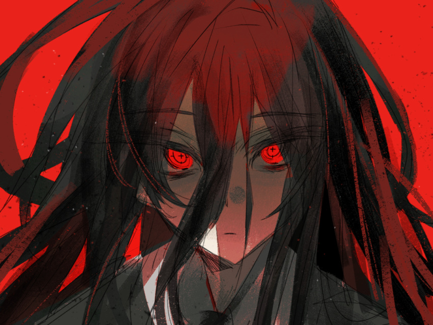 1boy, black_hair, black_jacket, closed_mouth, crosshair_pupils, danganronpa_(series), danganronpa_2:_goodbye_despair, expressionless, jacket, kamukura_izuru, lllzlllz, long_bangs, long_hair, looking_at_viewer, male_focus, portrait, red_background, red_eyes, shirt, solo, tsurime, white_shirt
