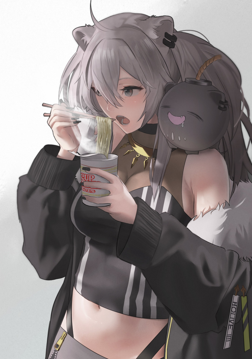 1girl, absurdres, ahoge, animal_ears, black_nails, chopsticks, drooling, eating, fur-trimmed_jacket, fur_trim, grey_eyes, grey_hair, hashtag-only_commentary, highres, holding, holding_chopsticks, hololive, jacket, lion_ears, long_hair, midriff, navel, nissin_cup_noodle, on_shoulder, ramen, raphael_(rglvvv), shishiro_botan, shishiro_botan_(1st_costume), ssrb_(shishiro_botan), steam, virtual_youtuber