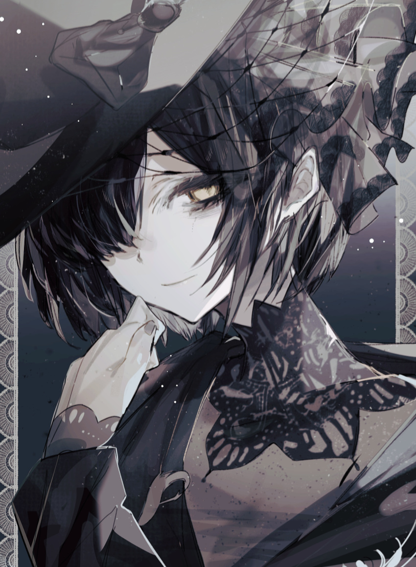 1girl, black_hair, black_hat, black_shirt, closed_mouth, fascinator, grey_nails, hair_over_one_eye, hand_up, hat, highres, lllzlllz, long_sleeves, necrologist, pale_skin, portrait, reverse:1999, shirt, short_hair, smile, solo, yellow_eyes