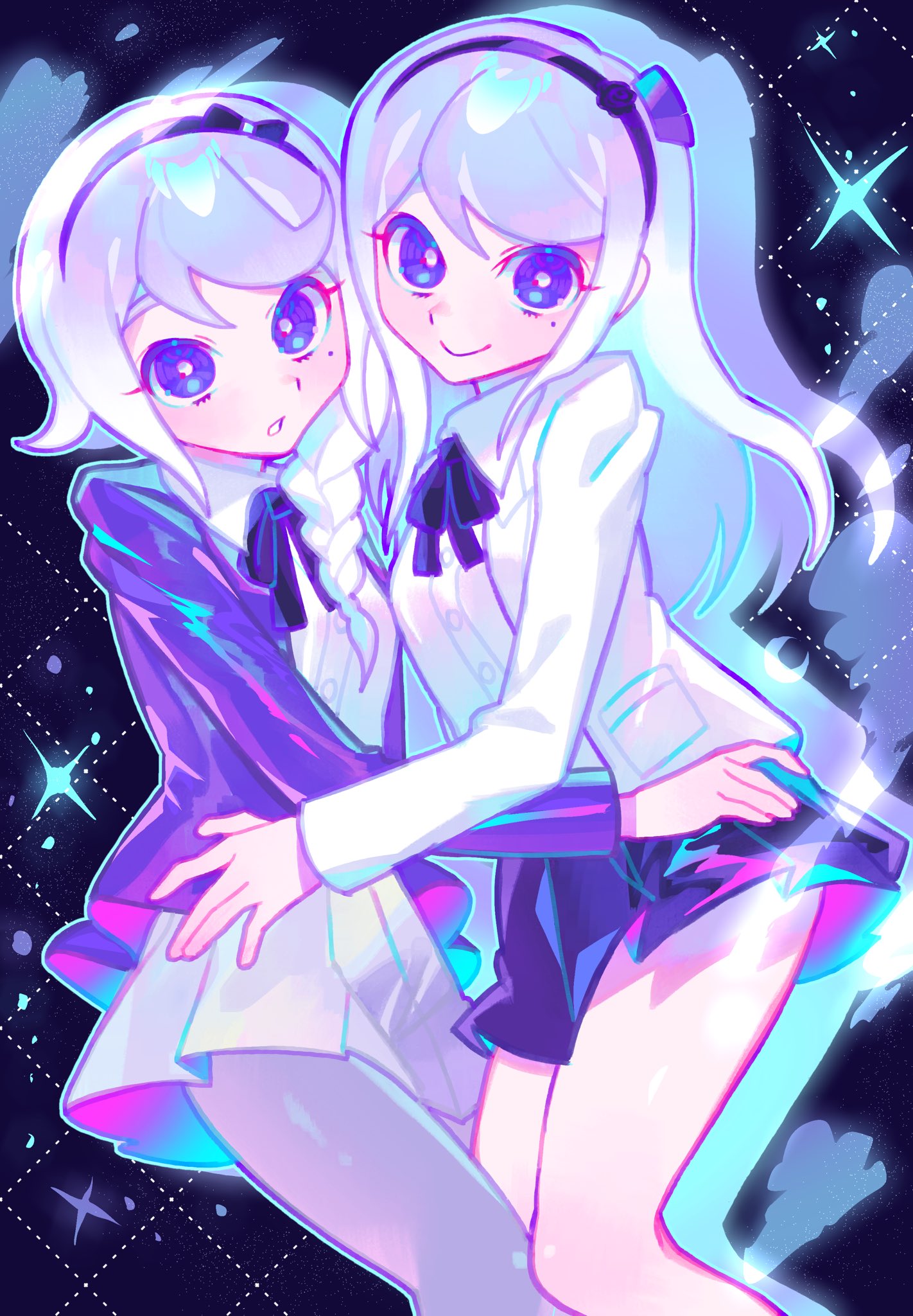 2girls, black_background, black_bow, black_hairband, black_jacket, black_ribbon, black_skirt, bow, bow_hairband, braid, collared_shirt, drop_shadow, grey_hair, grey_pantyhose, hairband, hashtag-only_commentary, highres, iro_(mywife_sunny), jacket, kashimiya_karua, kirifuji_nozomi, long_hair, looking_at_viewer, multiple_girls, neck_ribbon, pantyhose, purple_theme, ribbon, shirt, single_braid, skirt, smile, star_(sky), the_hundred_line_-last_defense_academy-, violet_eyes, white_jacket, white_shirt, white_skirt