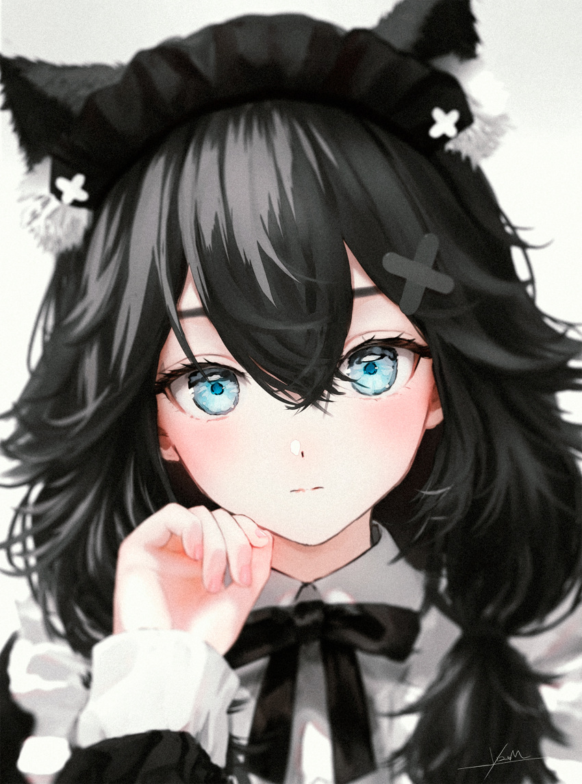 1girl, animal_ears, black_hair, black_ribbon, blue_eyes, blurry, cat_ears, cat_girl, closed_mouth, collared_shirt, commentary, depth_of_field, expressionless, frills, hand_up, highres, jizell, long_hair, looking_at_viewer, maid_headdress, neck_ribbon, original, portrait, ribbon, shirt, signature, simple_background, solo, symbol-only_commentary, white_background, white_shirt