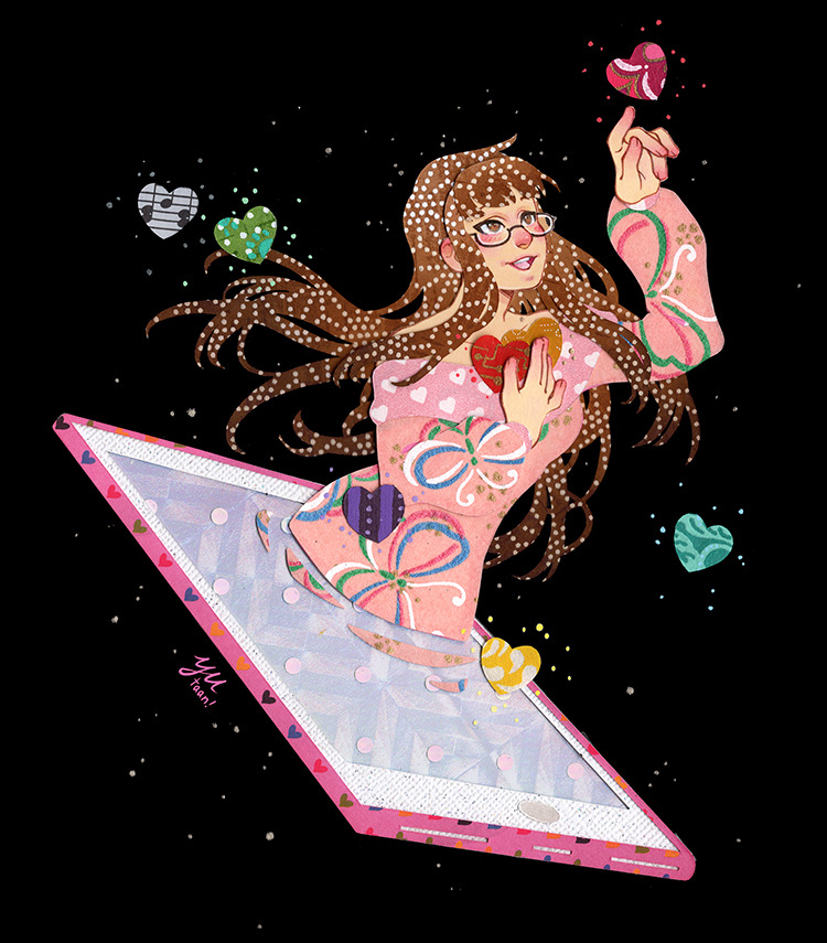 1girl, black_background, brown_hair, cellphone, collage_(medium), commentary, commission, dots