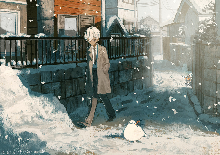 1boy, absurdres, bird, brick_wall, brown_coat, brown_eyes, brown_necktie, brown_pants