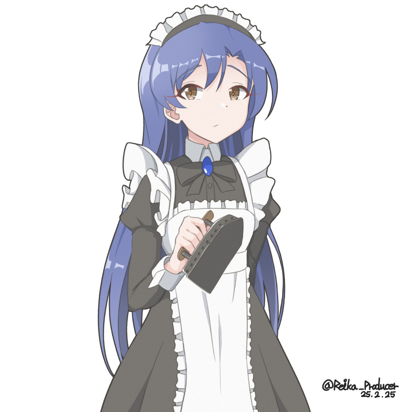 1girl, absurdres, apron, black_bow, black_bowtie, black_dress, blue_brooch, blue_hair