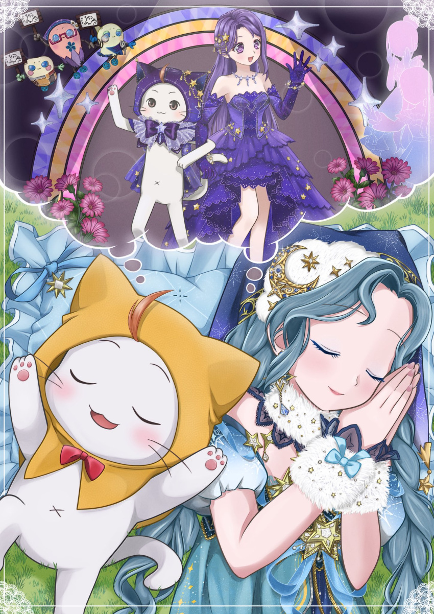 3girls, :3, ahoge, animal, aqua_hair, bare_legs, bare_shoulders, blue_bow