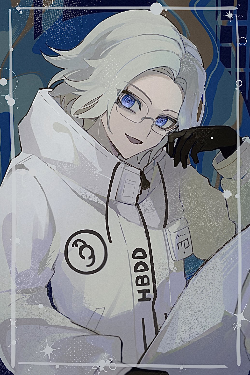 1boy, aorapium, aotsuki_eito, black_gloves, blue_eyes, drawstring, glasses, gloves, grey_hair, hand_up, highres, hood, hood_down, hooded_jacket, jacket, looking_at_viewer, male_focus, short_hair, smile, solo, sparkle, the_hundred_line_-last_defense_academy-, white_jacket