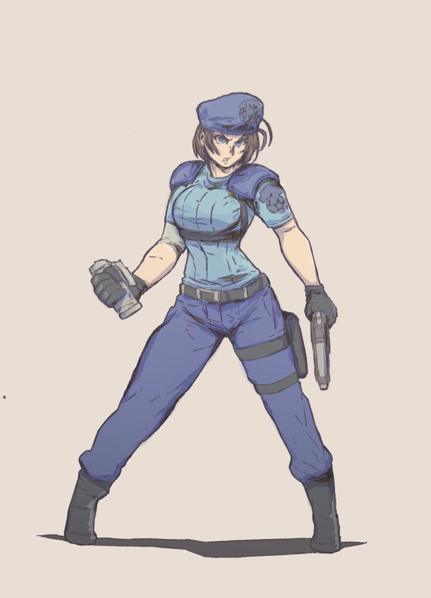 1girl, beret, black_boots, black_gloves, blue_eyes, blue_hat, blue_pants, blue_shirt