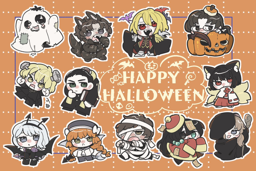 6+boys, 6+girls, :<, :d, alternate_costume, bandages, black_cloak, black_dress