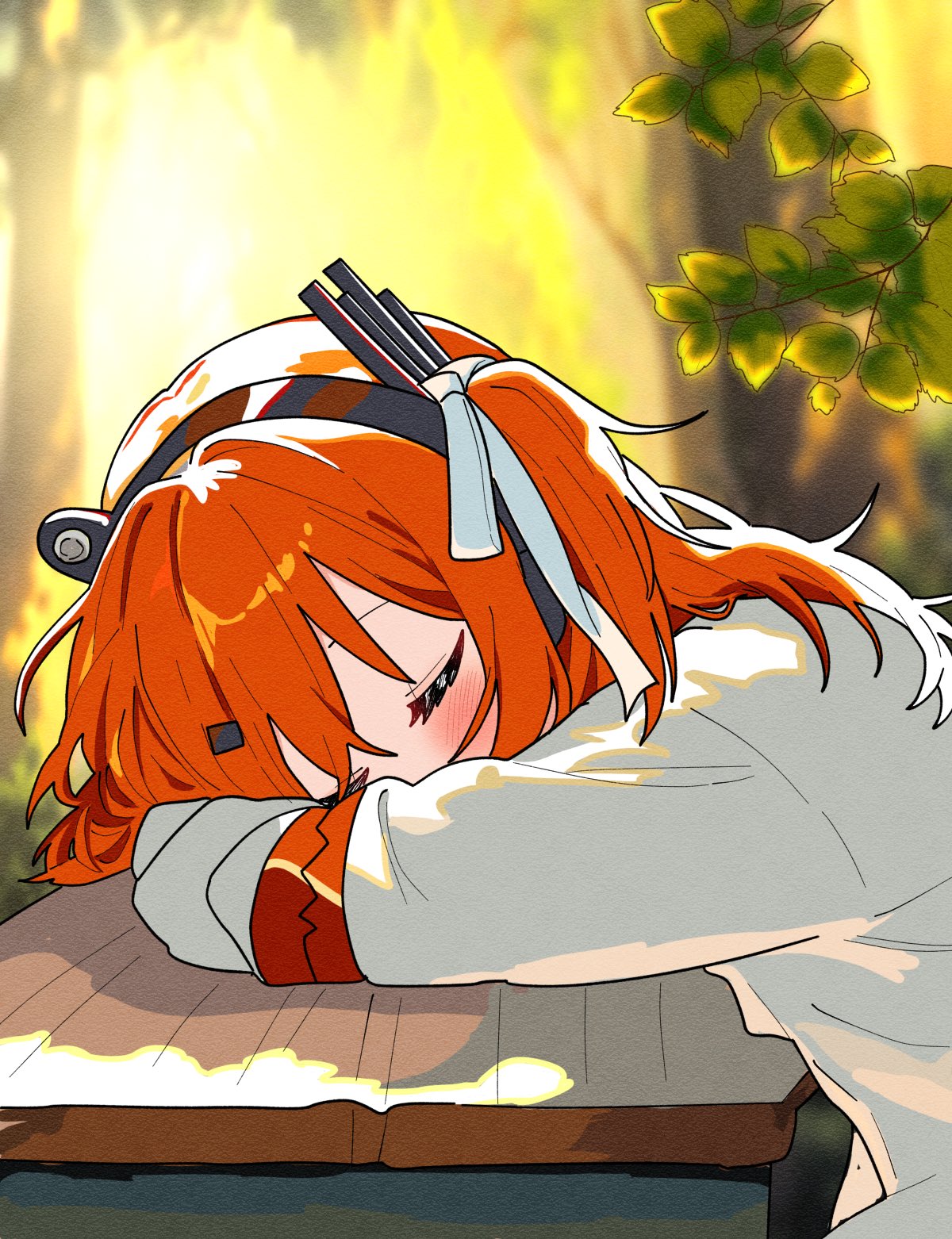 1girl, a.i._voice, adachi_rei, branch, closed_eyes, hair_ribbon, haru_maron, highres