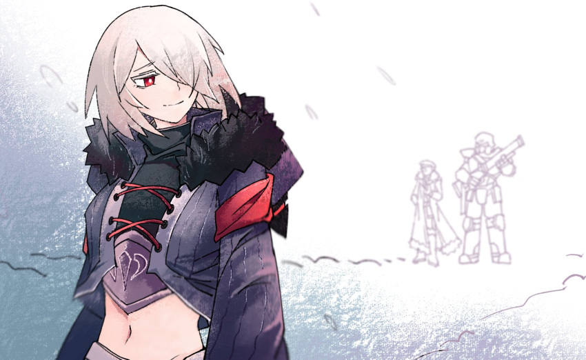 1girl, 2boys, antarctica, armband, armor, chaossstar, chinese_commentary, coat, command_&amp;_conquer, command_&amp;_conquer:_red_alert, commentary, cross-laced_clothes, cross-laced_top, full_armor, fur-trimmed_jacket, fur_trim, girdle, greatcoat, gun, hair_over_one_eye, highres, holding, holding_gun, holding_weapon, hood, hood_down, ice, jacket, looking_back, midriff, multiple_boys, navel, pleated_sleeves, proselyte_(mental_omega), purple_coat, rahn_(mental_omega), red_armband, red_eyes, resh_vav_yod_symbol, short_hair, sketch_background, smile, snow, translated, upper_body, weapon, white_hair